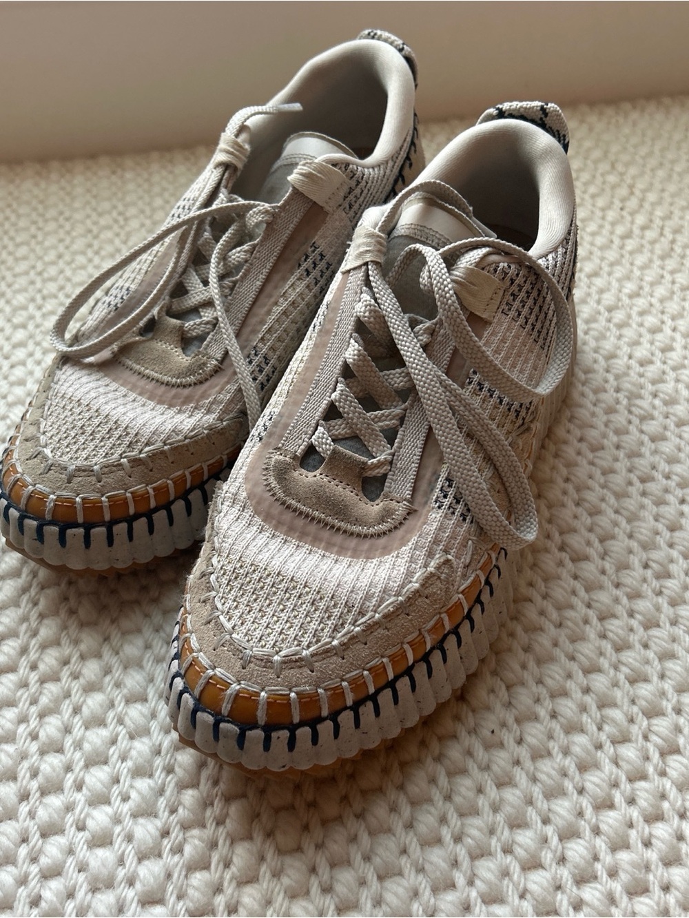 Chloé Neutral Knit & Suede Sneakers with Contrast Stitching